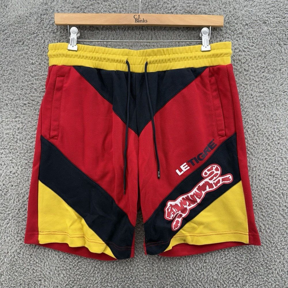 Le Tigre Shorts Mens Extra Large Red Black Yellow Activewear Workout‎ Colorblock